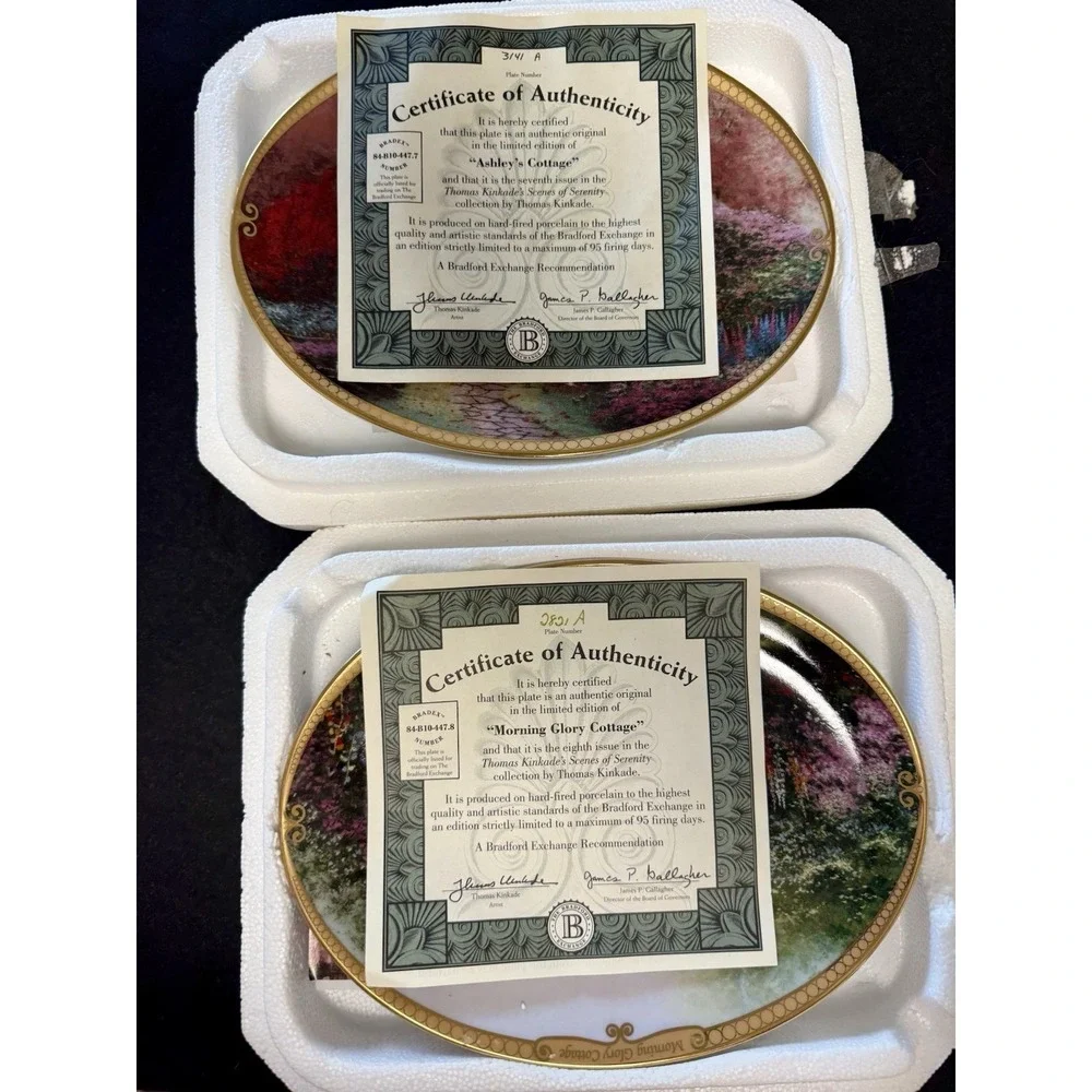 2 Thomas Kinkade Bradrord Plates  Lamplight Brooke + Hope's Cottage Limited Edit